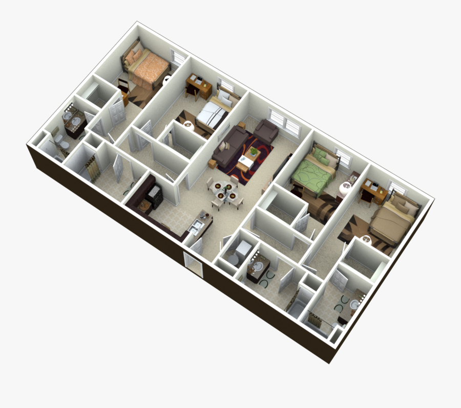 4 Bedroom Rectangular Apartment Plan, Transparent Clipart