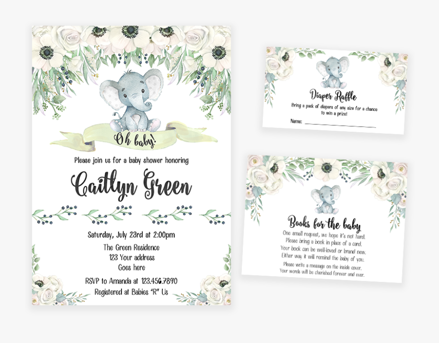 White Floral Gender Neutral Elephant Baby Shower Invitation - Paper, Transparent Clipart