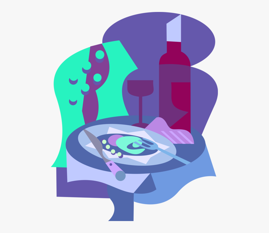 Vector Illustration Of Fine Dining Dinner With Bottle - Illustration, Transparent Clipart