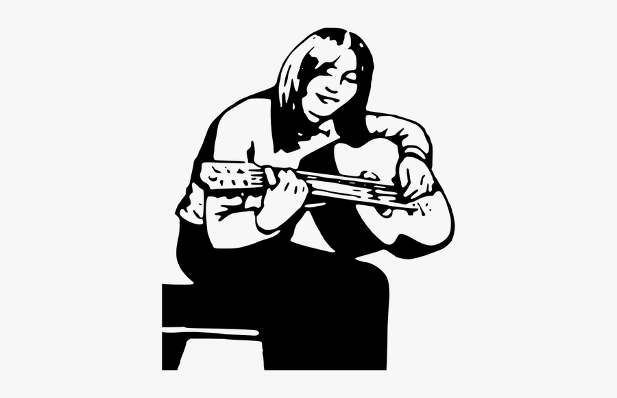 Vector Clip Art Of Girl With Guitar - Cartoon Of Black And White Guitar Player, Transparent Clipart