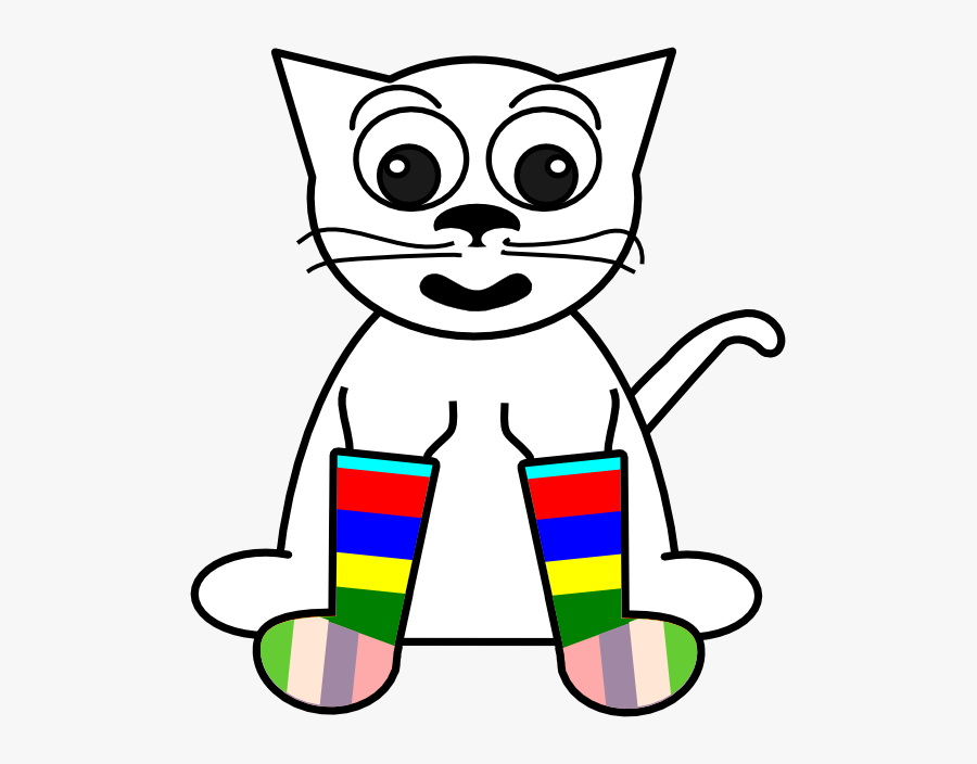 Cartoon Cat In Rainbow Socks Black White Line Art Tattoo - Funny Socks Clip Art, Transparent Clipart