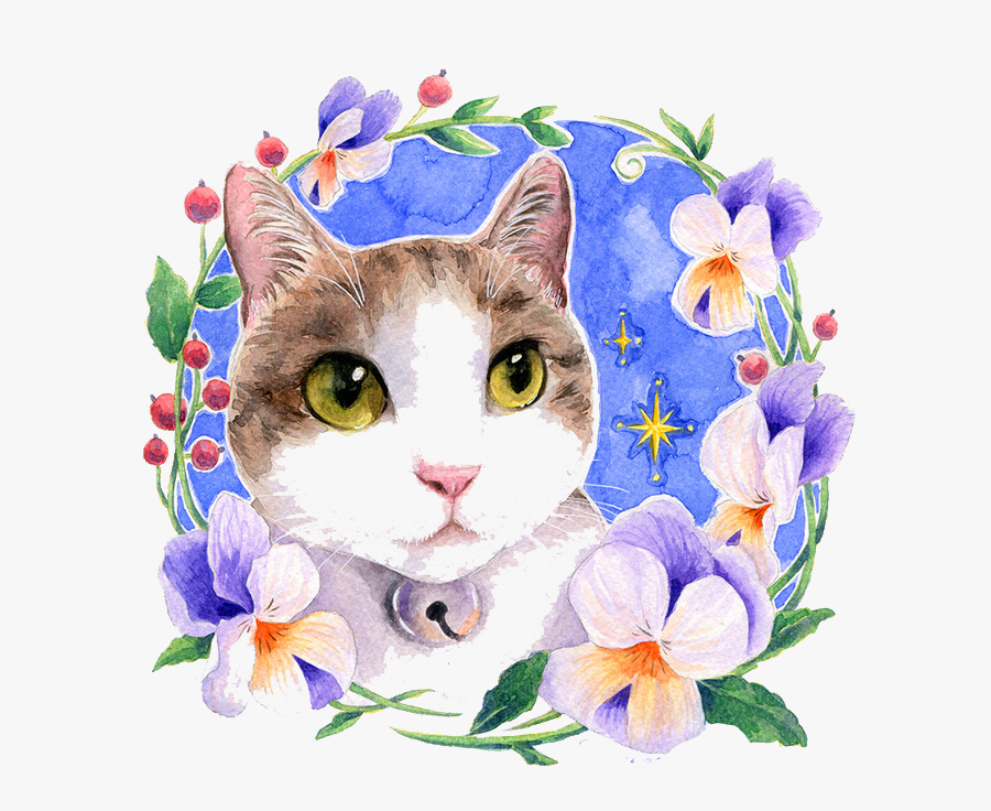 Watercolor Flowers Cats, Transparent Clipart