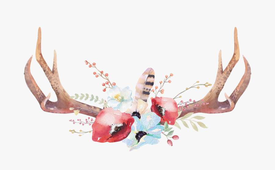 #watercolor #flowers #clipart #boho #antlers #pastel - Watercolour Deer Antlers With Flowers, Transparent Clipart