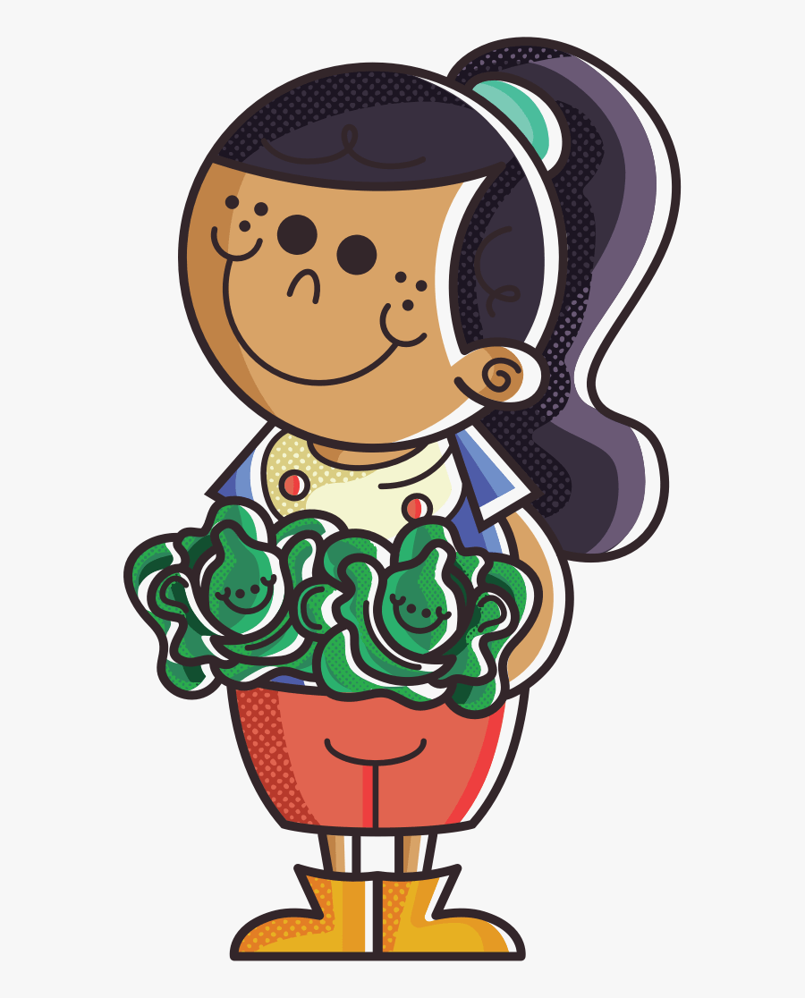 Farmer Girl Holding Lettuce - Girl Cartoon With Watering Can, Transparent Clipart