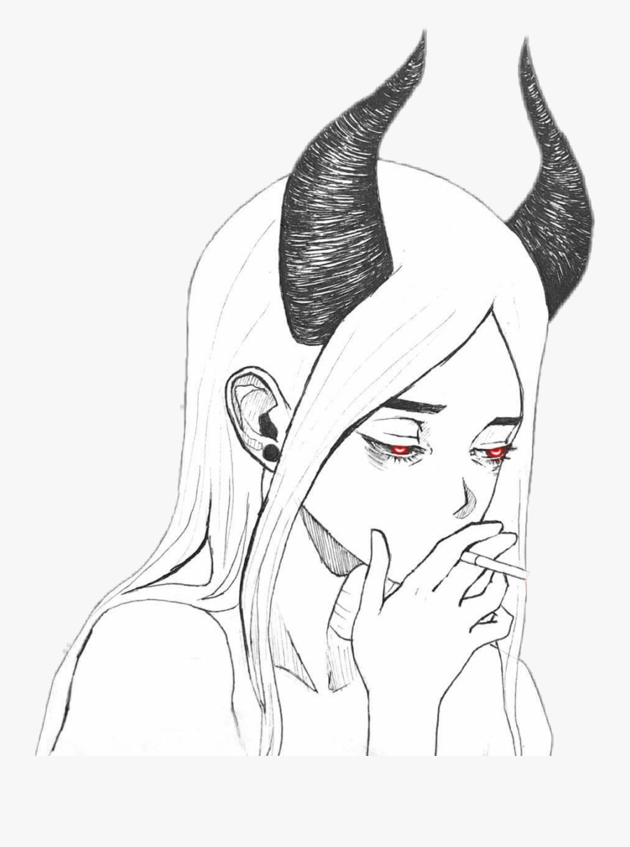 #image #anime #smoke #cigarette #alone #devil #demon - Devil Anime Girl Drawing, Transparent Clipart
