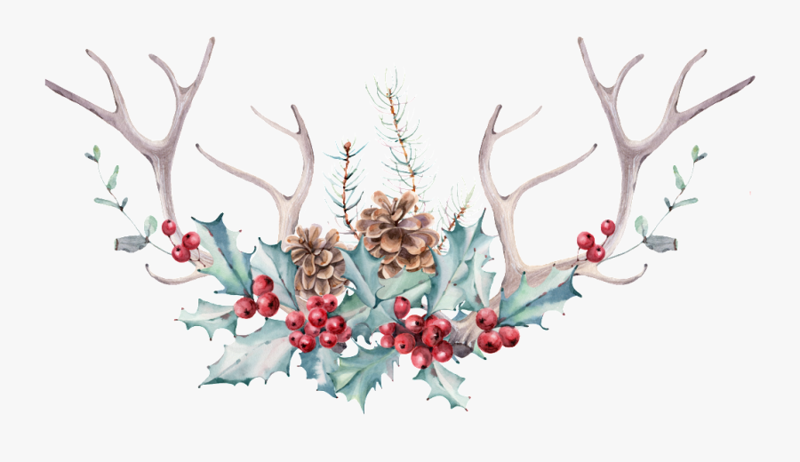 Hand Painted Antlers And Flowers Hd High Definition - Free Watercolor Christmas Clip Art, Transparent Clipart