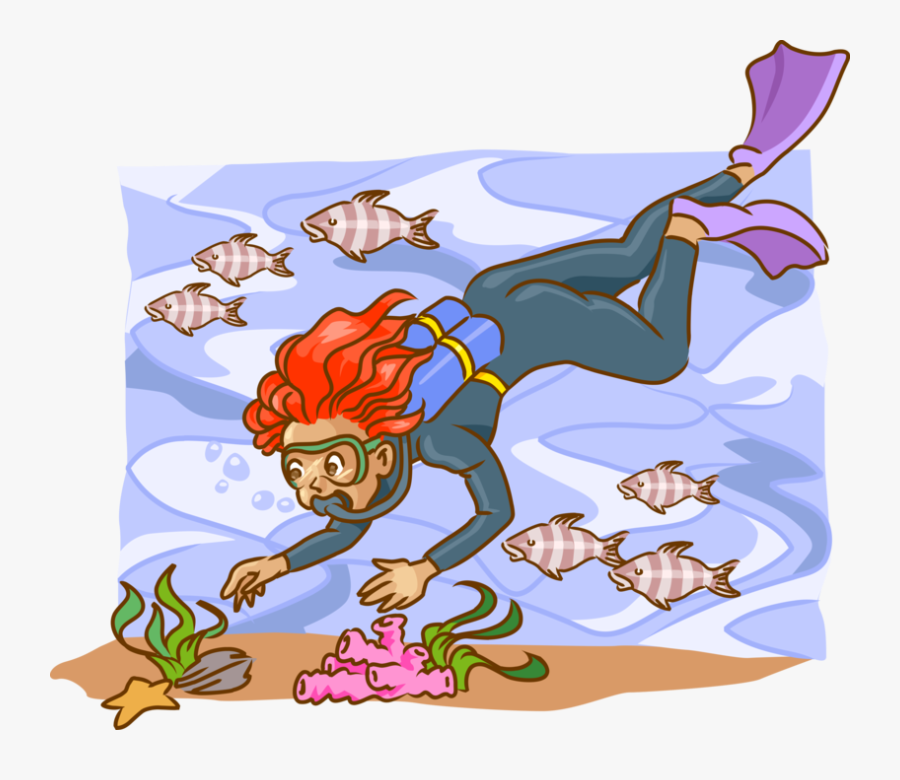 Vector Illustration Of Scuba Diver Diving Coral Reef - Tauchen Clipart, Transparent Clipart