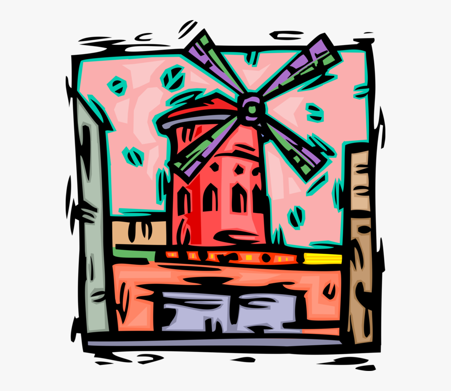 Vector Illustration Of Windmill At Moulin Rouge Cabaret, - Amsterdam Clipart, Transparent Clipart