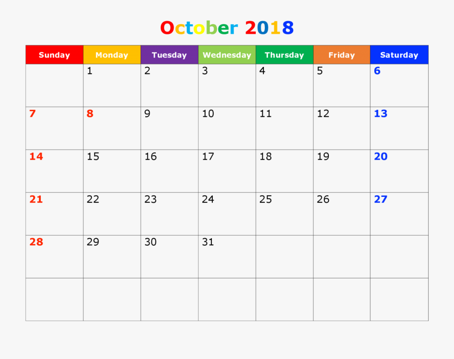 Transparent Calendar October 2018, Transparent Clipart