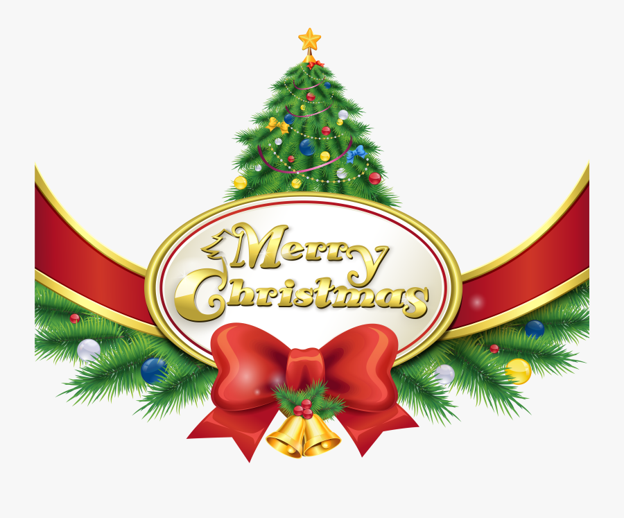 Merry Christmas With Tree And Bow Png Clipart Imageu200b - Christmas Tree Merry Christmas Clip Art, Transparent Clipart