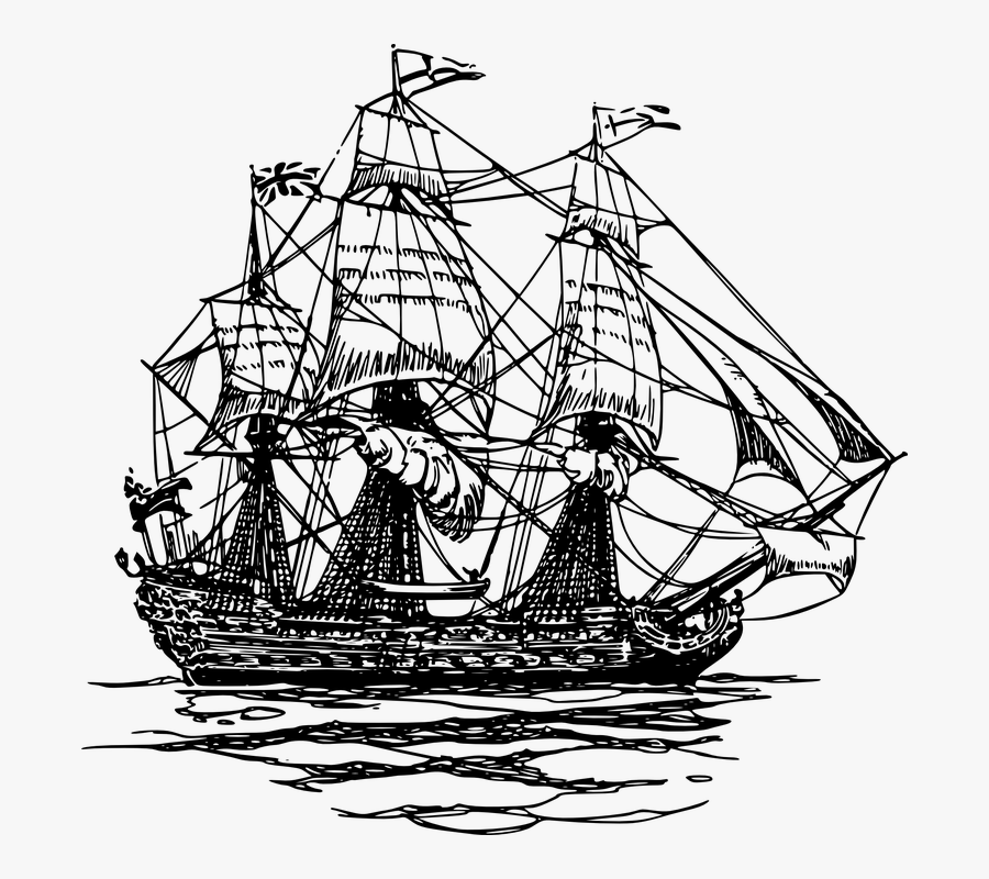 Ship, Boat, Pirate, Clipper, Sail, Nautical, Yacht - Black And White Pirate Ship, Transparent Clipart