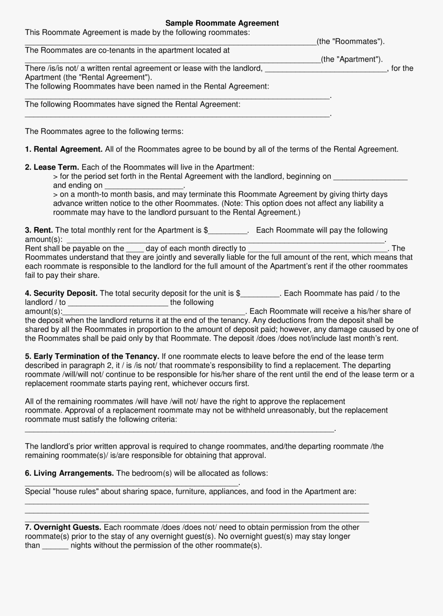 Clip Art Roommate Agreement Template - Roommate Rental Agreements Forms, Transparent Clipart