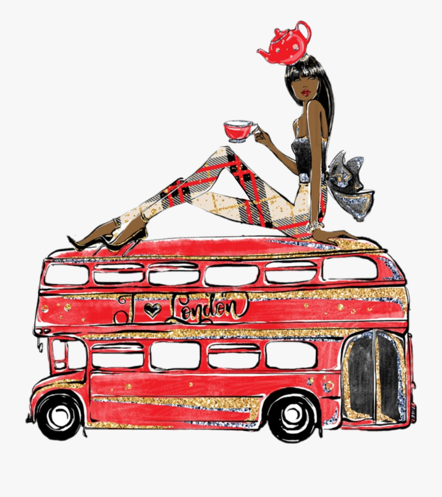 #london #watercolor #tourbus #taxi #woman #lady #tea - British Taxi Clipart Watercolor, Transparent Clipart