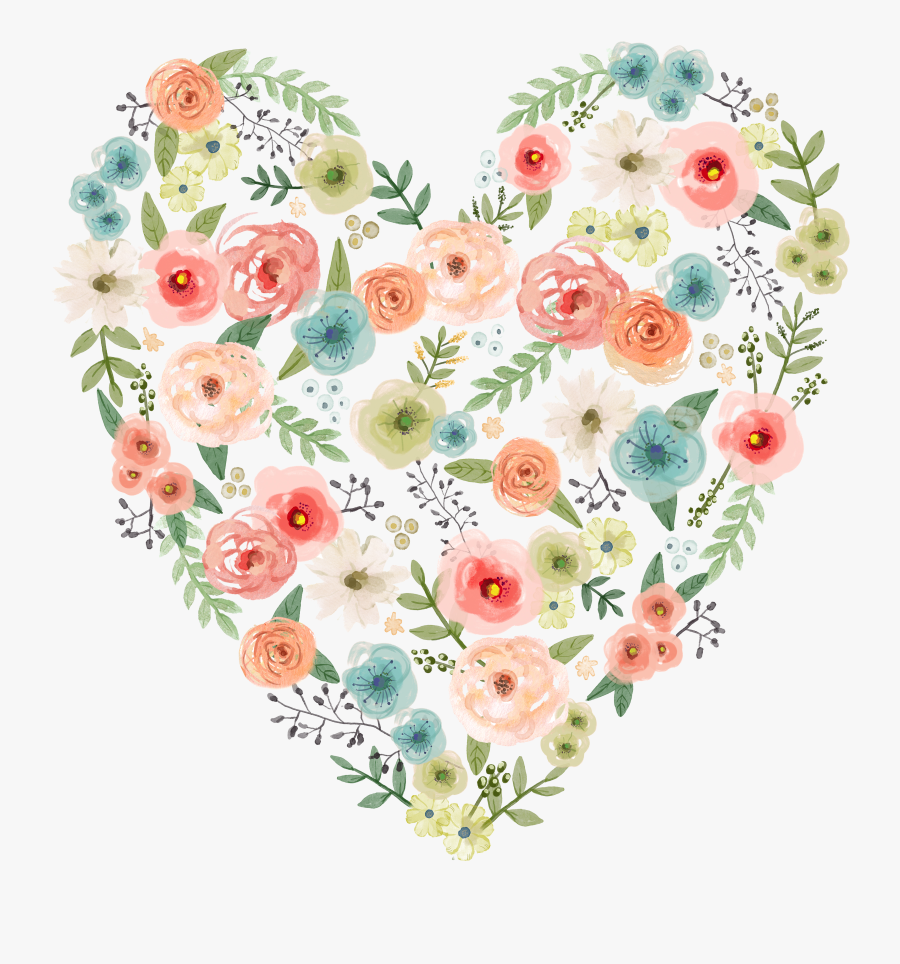 Hearts Clipart Bouquet - Watercolor Floral Heart Clipart, Transparent Clipart