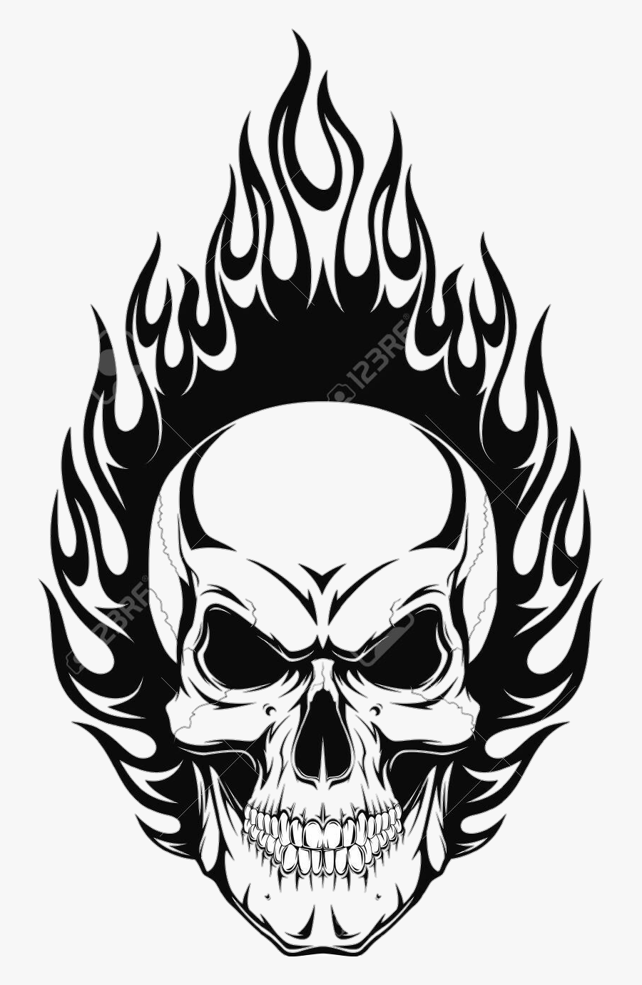 #skull #flames #caveira #crânio #chamas #tattoo #tatuagem - Skull On Fire Tattoo Black And White, Transparent Clipart