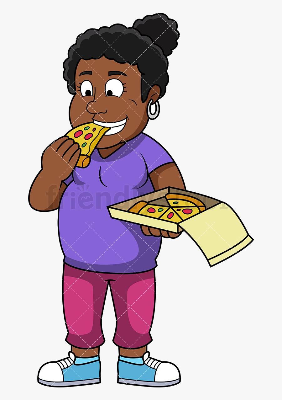 Eating Fat Black Woman Pizza Vector Cartoon Clipart - Fat Black Woman Eating Donuts, Transparent Clipart
