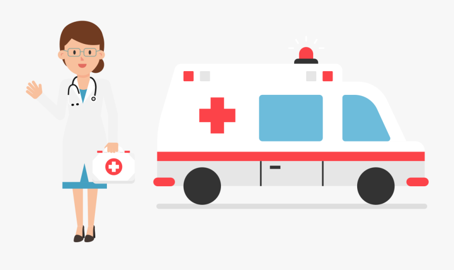 Ambulance And Female Doctor Cartoon - Doctor And Ambulance Clipart, Transparent Clipart