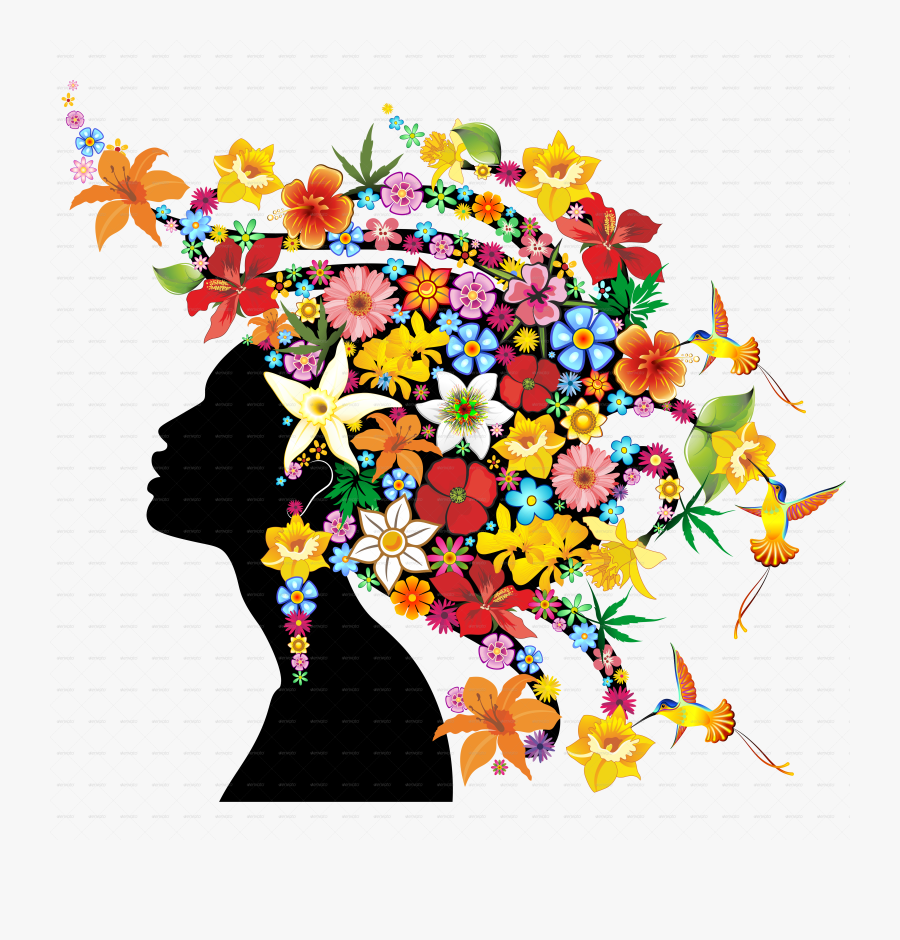 Transparent Flower Girl Clipart - Girls Cartoon Flower As Hair, Transparent Clipart