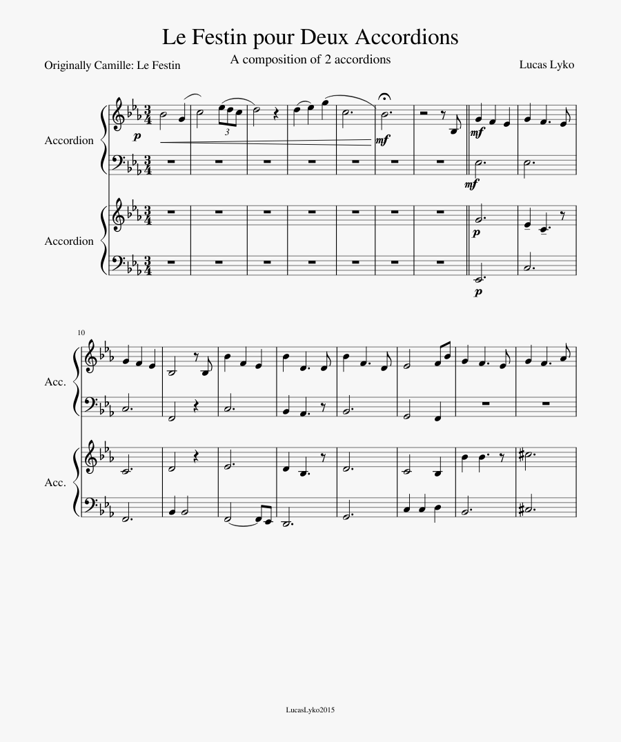 Le Festin Pour Deux Accordions Sheet Music Composed - Beginner Piano Sheet Music, Transparent Clipart