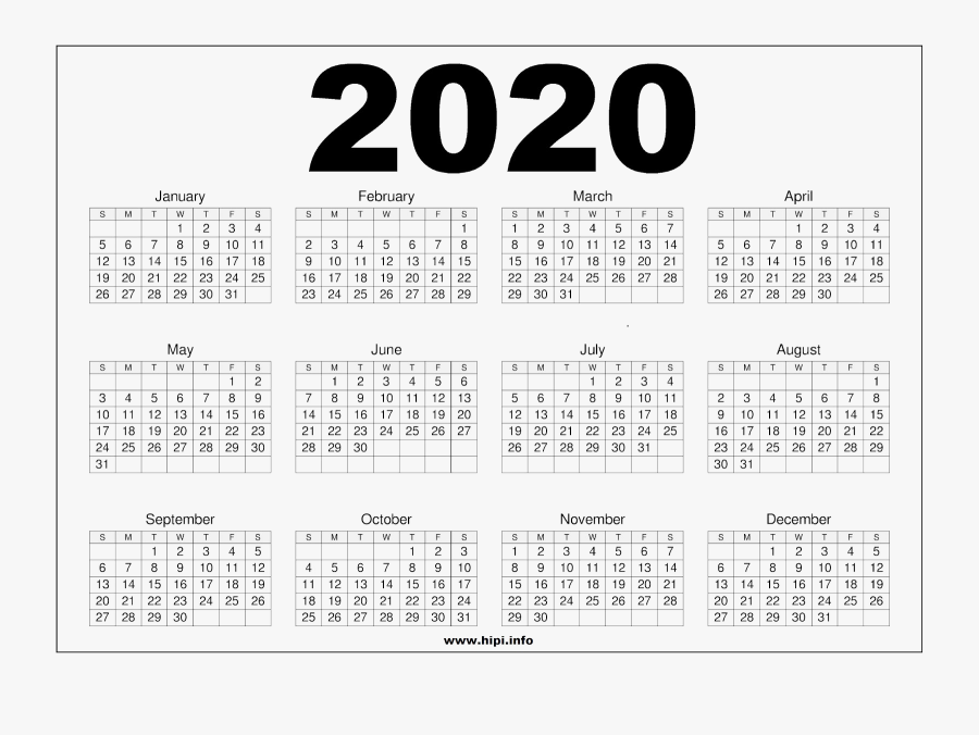 One Page Printable 2020 Calendar, Transparent Clipart