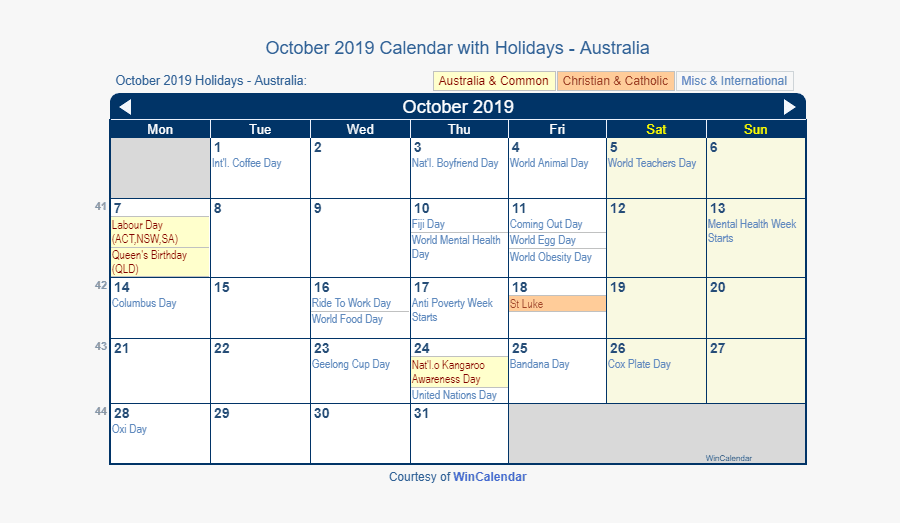 October 2019 Calendar Australia - National Days In October 2019, Transparent Clipart