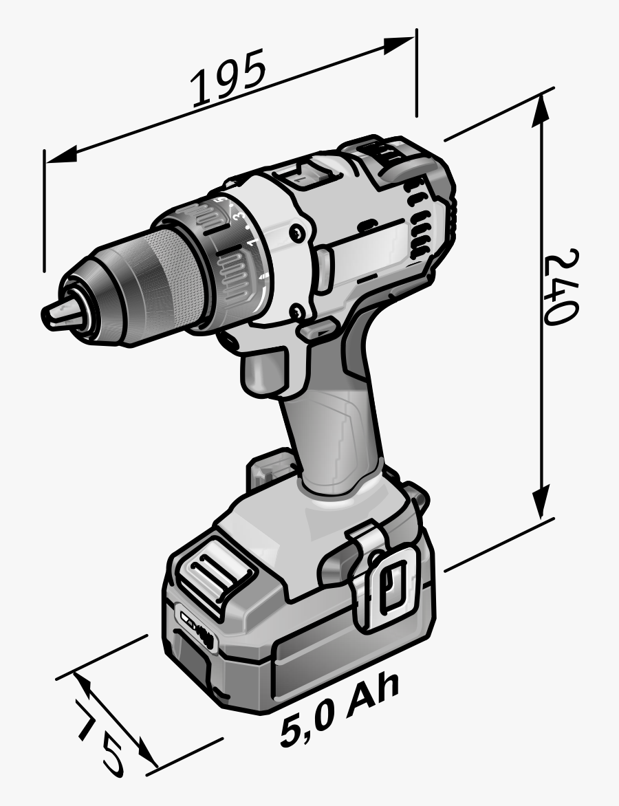 Drill Drawing Cordless Screwdriver And Product Drawing - Cordless Drill Drawing With Dimensions, Transparent Clipart