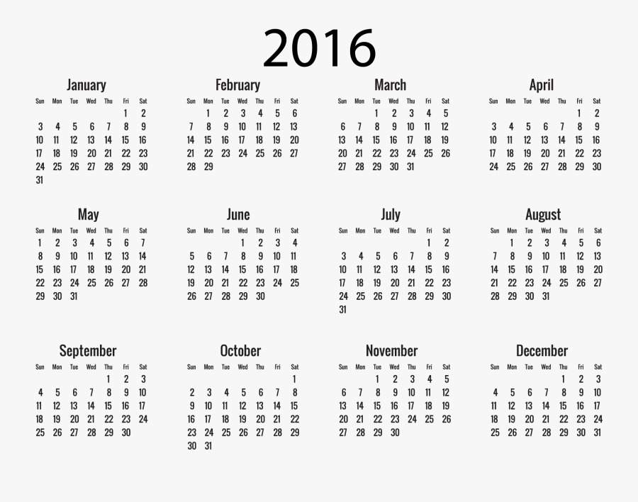 All Month Calendar 2016 - Year Long Calendar 2019, Transparent Clipart