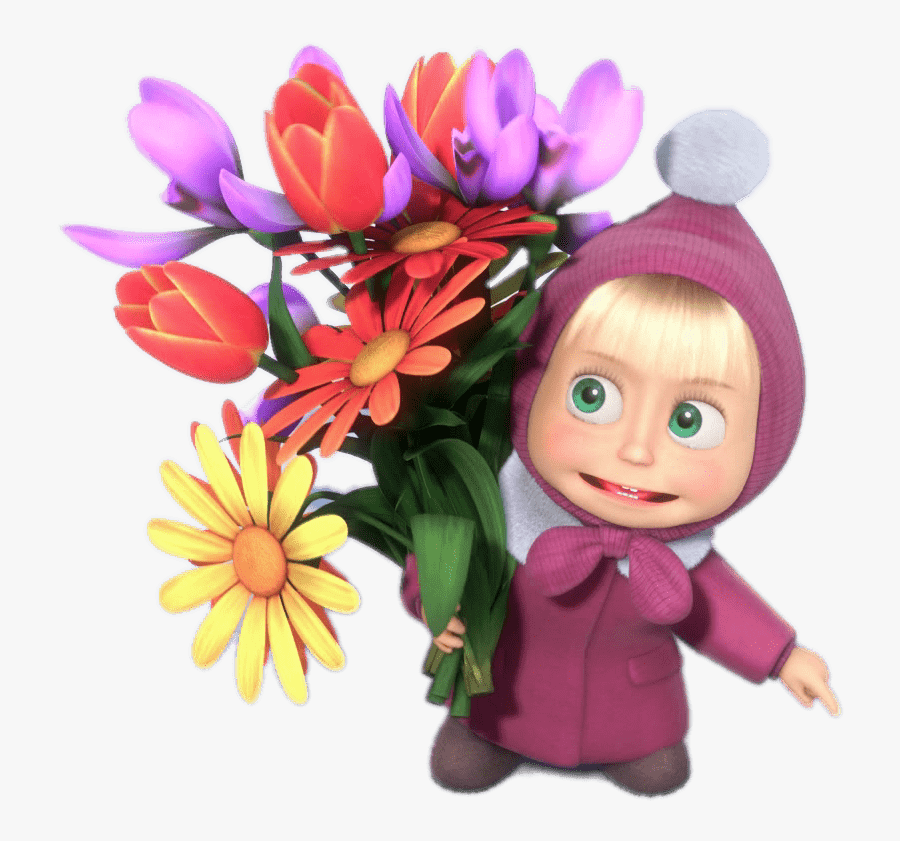 Masha Holding Bunch Of Flowers - Masha Png, Transparent Clipart