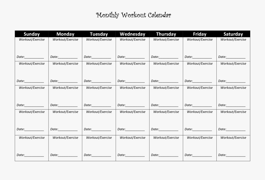Clip Art Free Monthly Workout Sample - Monthly Workout Calendar Template, Transparent Clipart