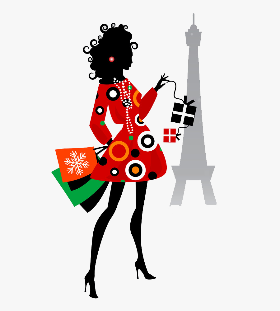 Eiffel Tower Cartoon Illustration - Curly Hair Model Silhouette, Transparent Clipart