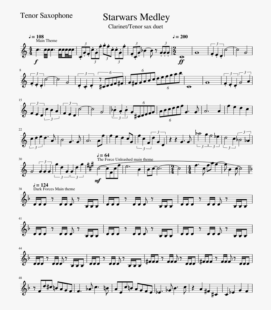 Starwars Medley Tenor Saxophone Sheet Music For Tenor - Tenor Sax Sheet Music Memes, Transparent Clipart