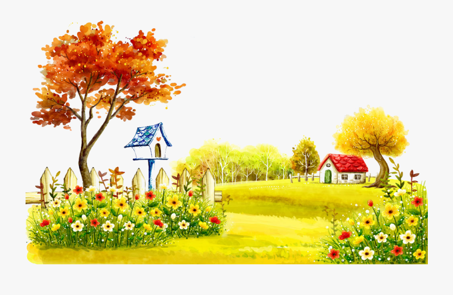 Scenery Theatrical Illustration Autumn Village Painting - Scenery Background, Transparent Clipart