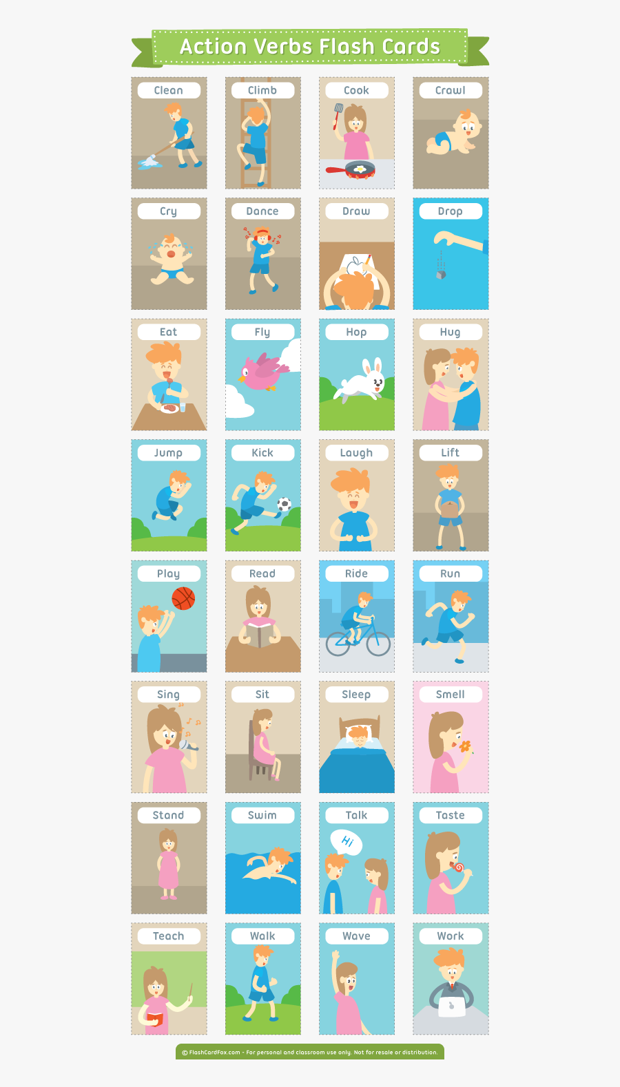 Action Verbs Flashcards, Transparent Clipart
