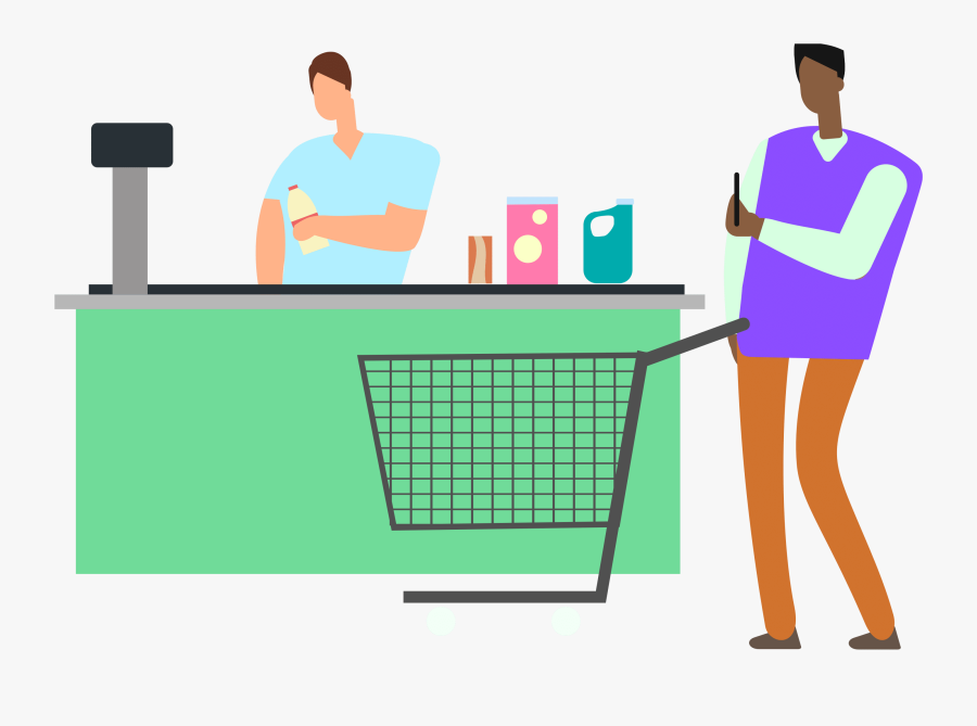 Man Looking At Budget App On Phone At Grocery Store - Illustration, Transparent Clipart