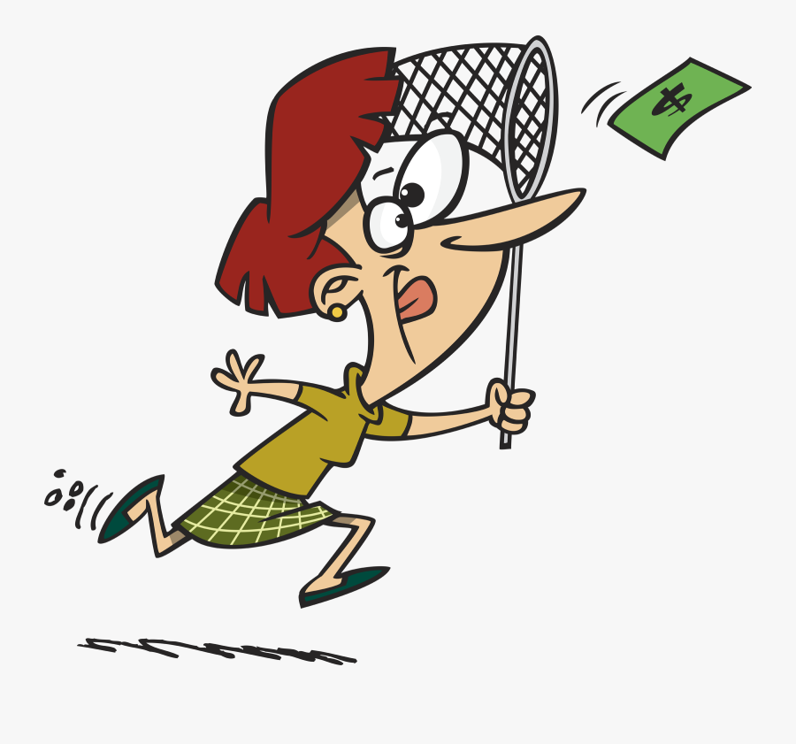 Cartoon Woman Chasing Money With A Butterfly Net Clipart - Woman Chasing Money, Transparent Clipart
