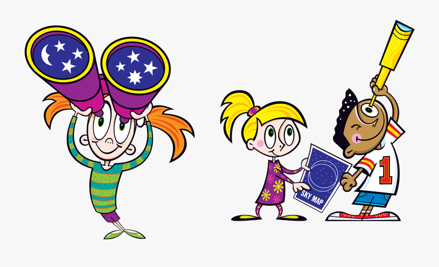 Three Children Using Binoculars, A Star Map And A Telescope - Cartoon, Transparent Clipart