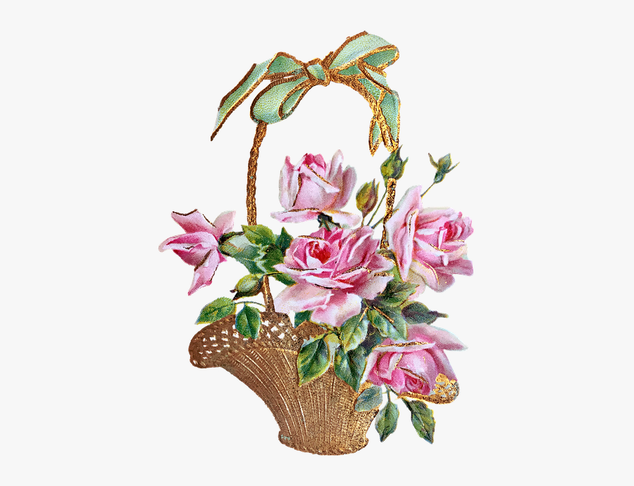 Vintage, Roses, Flower Basket, Loop, Gold, Pink - Vintage Birthday Card Roses, Transparent Clipart