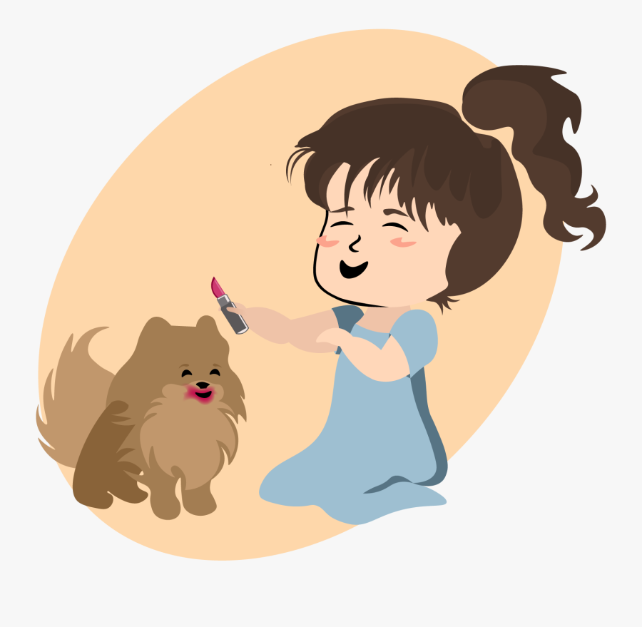 Little Girl Putting Lipstick On Dog Cartoon Laughing - Cartoon, Transparent Clipart