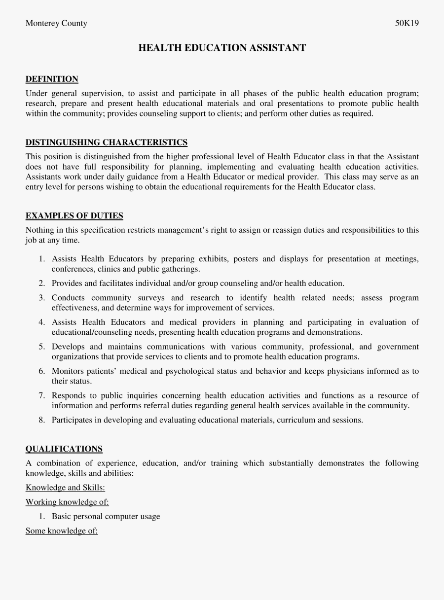 Clip Art Free Health Education Assistant - Entry Level Health Educator Resume, Transparent Clipart