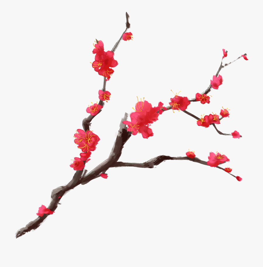Ink Plum Chinese Style Red Hand Painted Branches Png - Chinese Cherry Blossom Png, Transparent Clipart