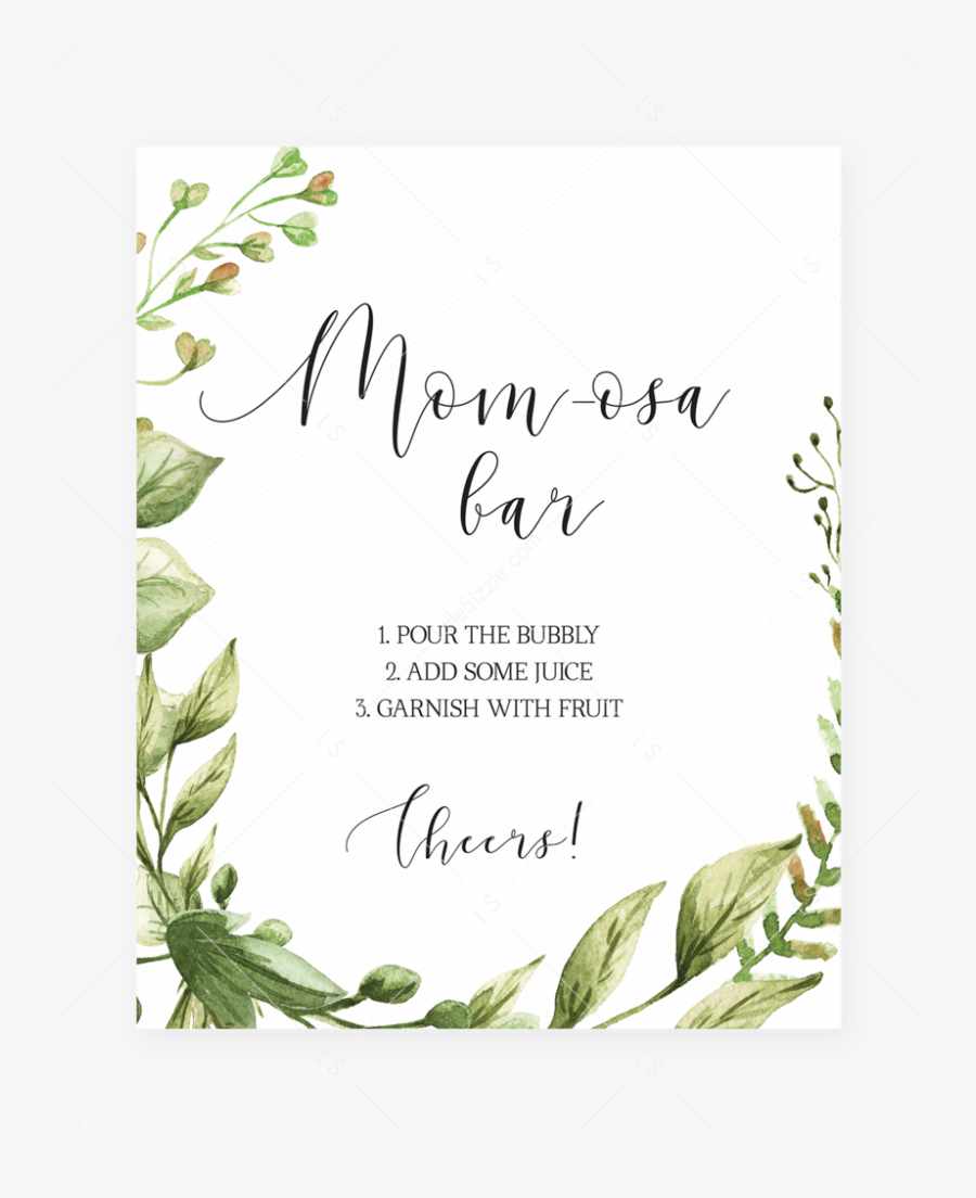 Baby Shower Momosa Bar Sign Printable Greenery By Littlesizzle - Free Printable Welcome To Baby Shower Sign, Transparent Clipart