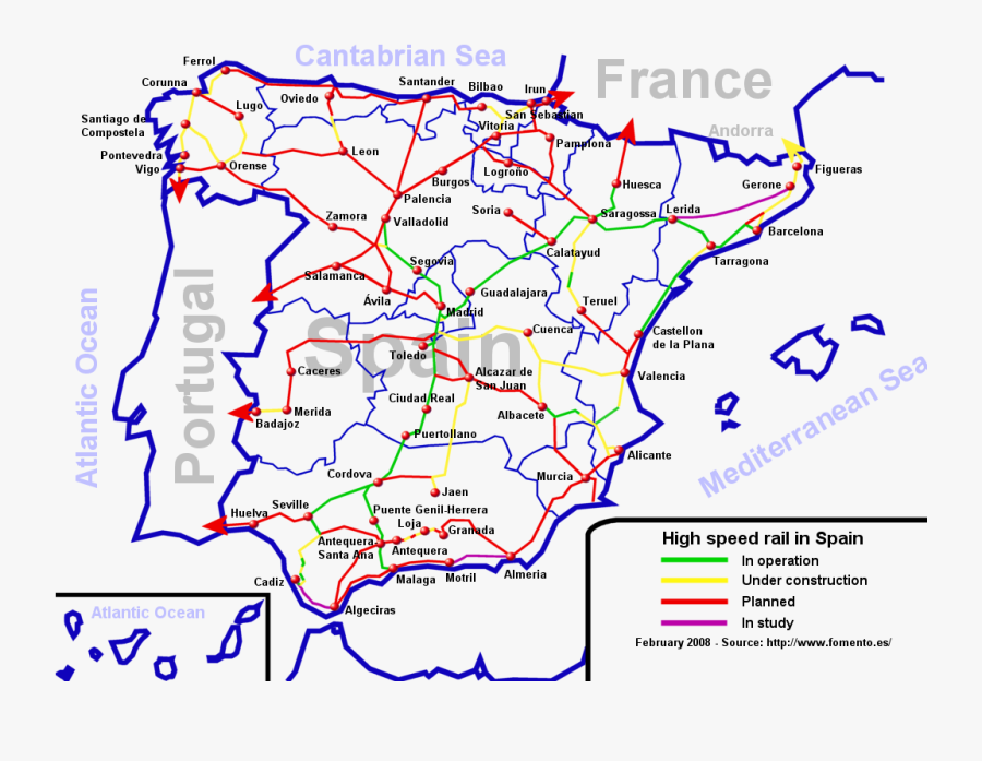 Transparent Spain Map Clipart - High Speed Trains In Spain, Transparent Clipart