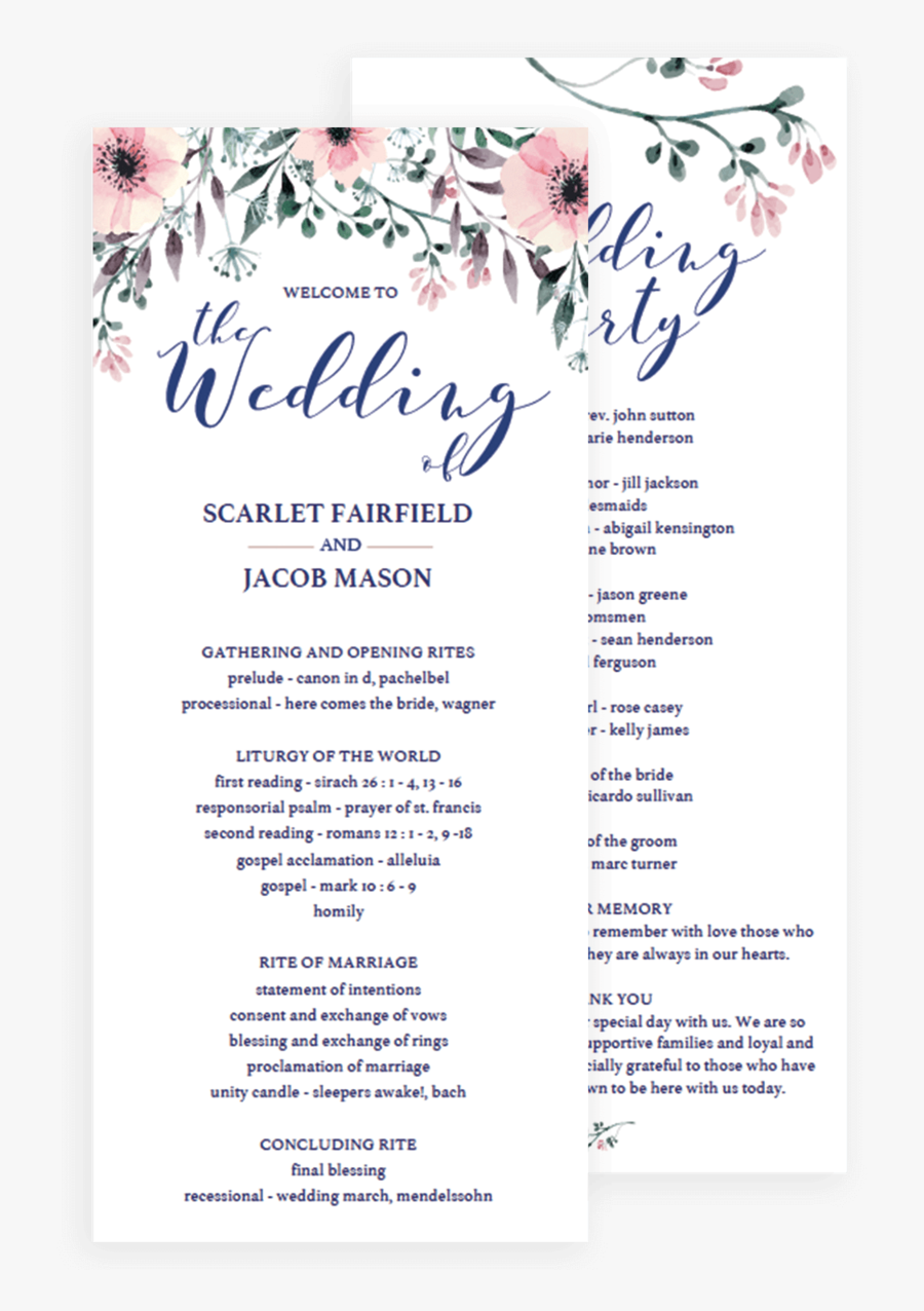 Clip Art Floral Template Watercolor Flowers - Menu And Program For Weddings, Transparent Clipart