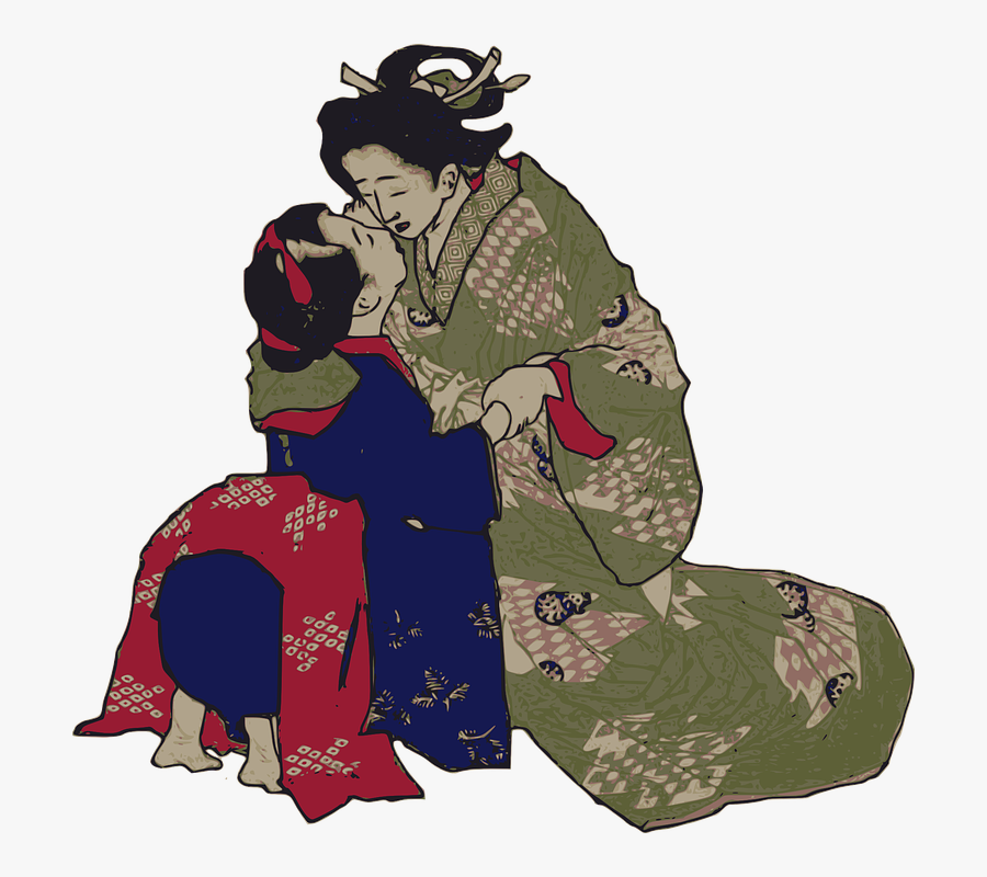 Geisha Kissing, Transparent Clipart