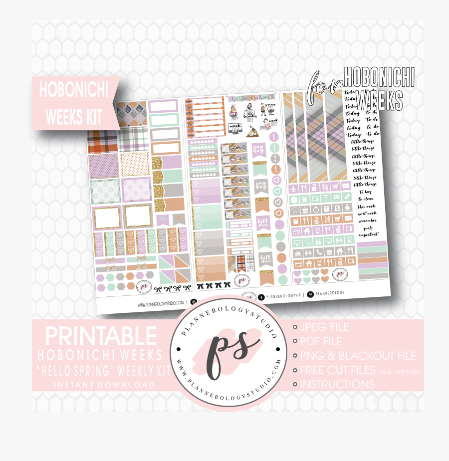 Hello Spring Weekly Kit Printable Digital Planner Stickers - Free Printable Hobonichi Weeks, Transparent Clipart