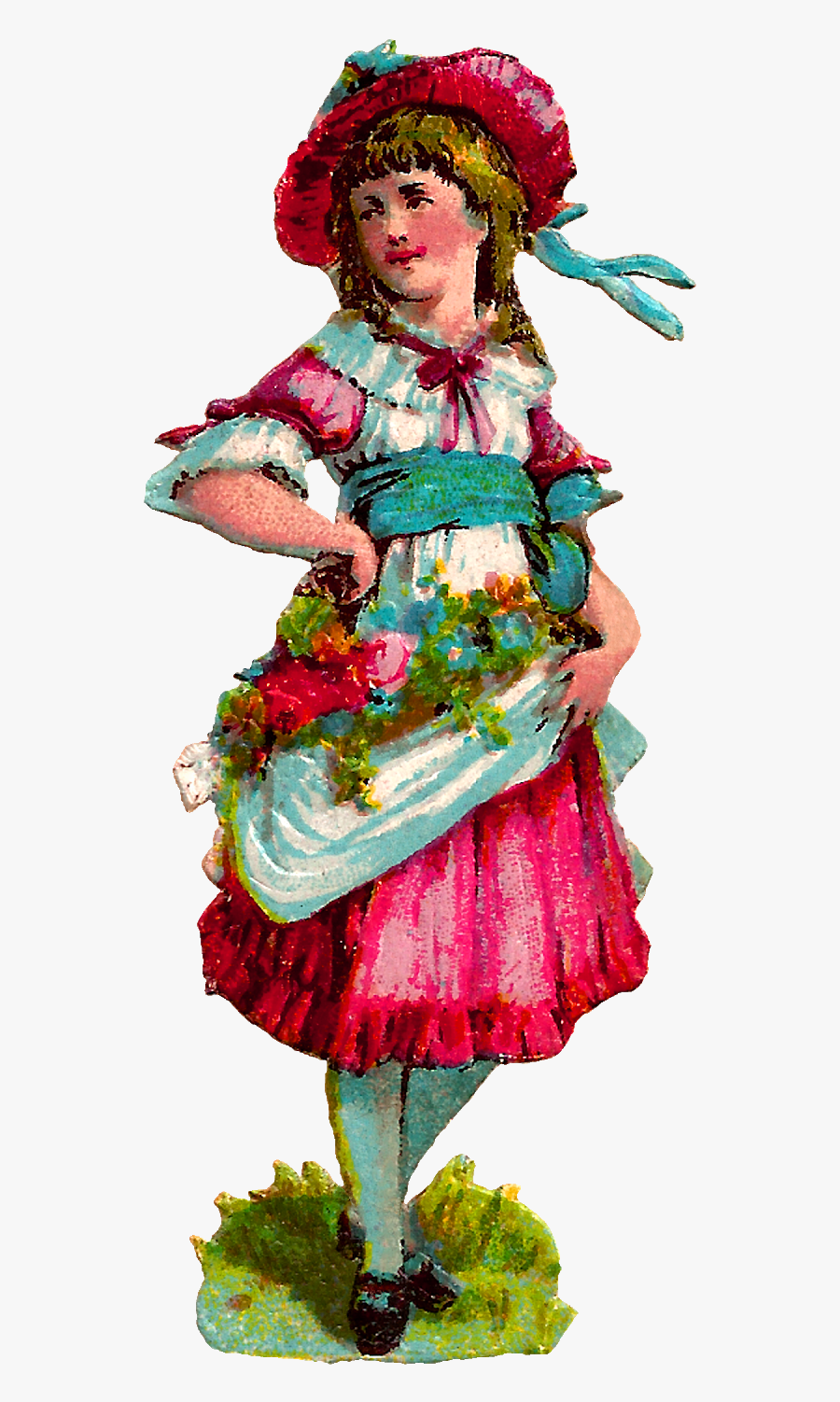 Fashion Girl Victorian Dress Bonnet Flowers Digital - Illustration, Transparent Clipart