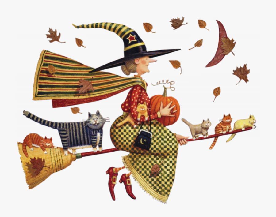 Folk Art Style Witch Taking A Spin With Her Cats On - Dia De Las Brujitas, Transparent Clipart
