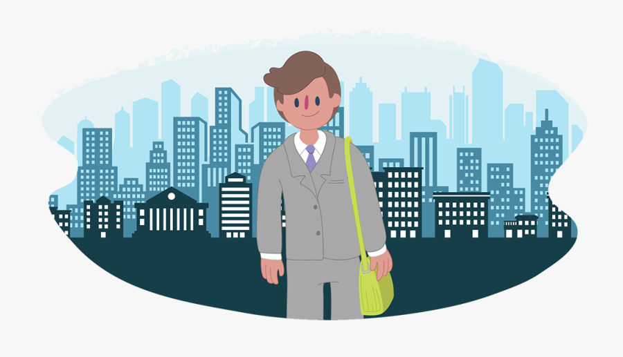 Smiling Man Ready To Start Work With A City Skyline, Transparent Clipart