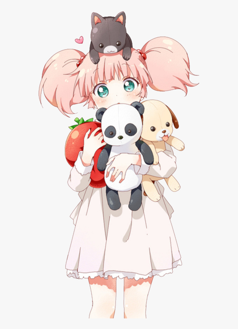 #girl #anime #kawaii #cat #meow #strawberry #panda - Pink Hair Anime Girl Pigtails, Transparent Clipart