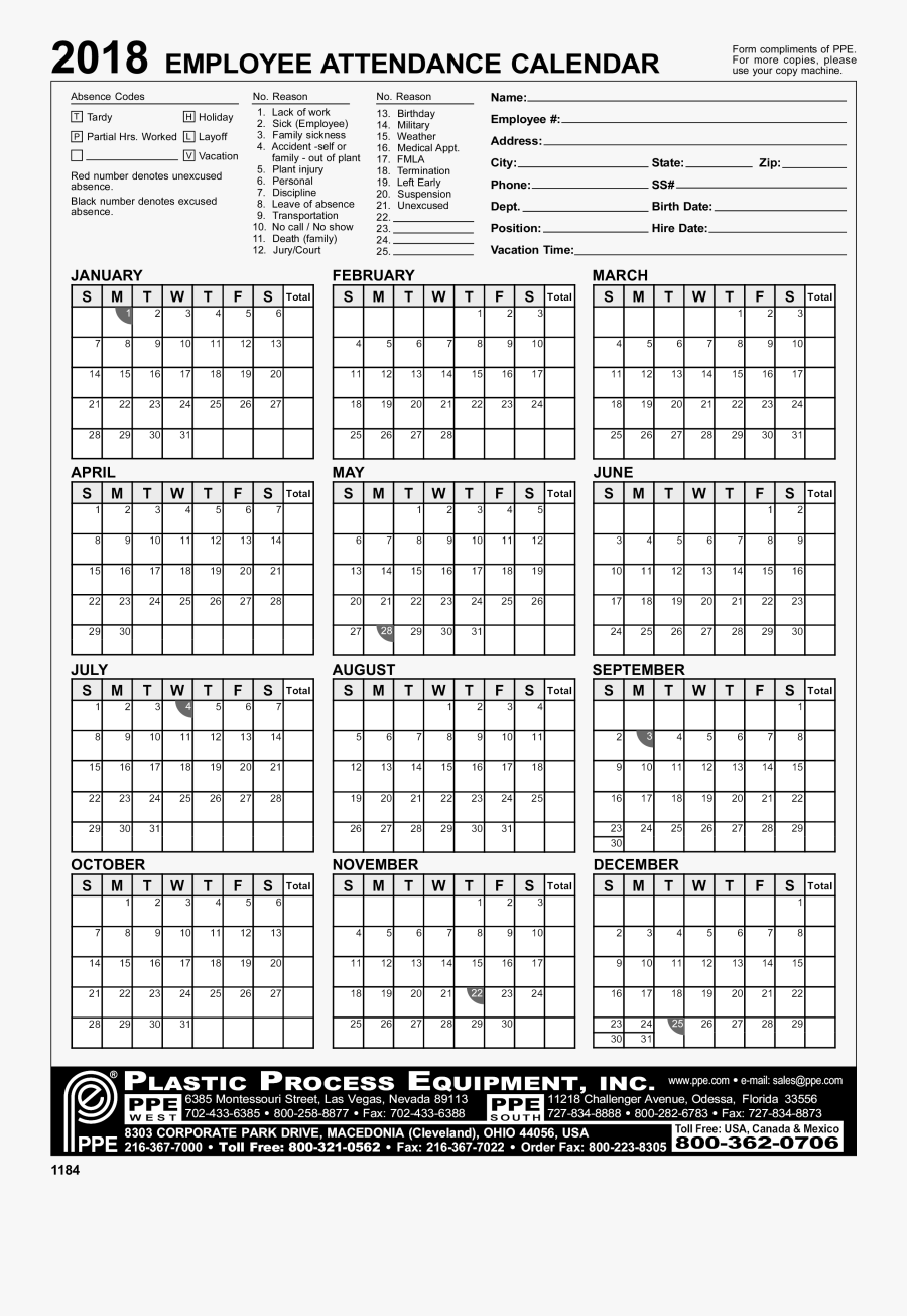Clip Art Diy Calendar Template - 2020 Employee Attendance Calendar Free, Transparent Clipart